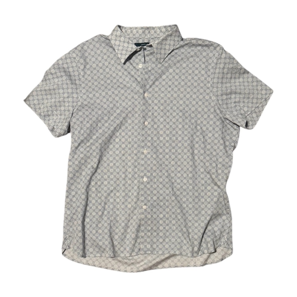 Perry Ellis Men’s Geometric Print Short Sleeve Stretch Button Down, Blue, Large